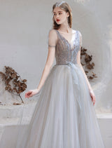 Stunning Evening Dress Light Grey A Line Bateau Neck Floor Length Social Party Dresses Pageant Dress-Ballbella