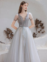 Stunning Evening Dress Light Grey A Line Bateau Neck Floor Length Social Party Dresses Pageant Dress-Ballbella