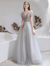 Stunning Evening Dress Light Grey A Line Bateau Neck Floor Length Social Party Dresses Pageant Dress-Ballbella