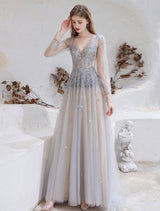 Stunning Evening Dress Light Grey A Line Jewel Neck With Train Long Sleeves Zipper Formal Dinner Pageant Dress-Ballbella