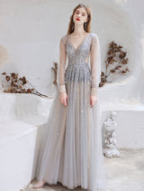 Stunning Evening Dress Light Grey A Line Jewel Neck With Train Long Sleeves Zipper Formal Dinner Pageant Dress-Ballbella