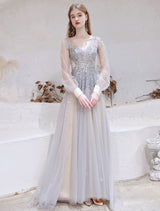 Stunning Evening Dress Light Grey A Line Jewel Neck With Train Long Sleeves Zipper Formal Dinner Pageant Dress-Ballbella