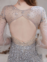 Stunning Evening Dress Light Grey A Line Jewel Neck With Train Long Sleeves Zipper Formal Dinner Pageant Dress-Ballbella