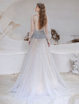 Stunning Evening Dress Light Grey A Line Jewel Neck With Train Long Sleeves Zipper Formal Dinner Pageant Dress-Ballbella