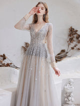 Stunning Evening Dress Light Grey A Line Jewel Neck With Train Long Sleeves Zipper Formal Dinner Pageant Dress-Ballbella
