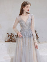 Stunning Evening Dress Light Grey A Line Jewel Neck With Train Long Sleeves Zipper Formal Dinner Pageant Dress-Ballbella
