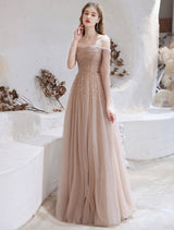 Stunning Evening Dress Nude Color A Line Bateau Neck Floor Length Sequins Formal Party Dresses Pageant Dress-Ballbella