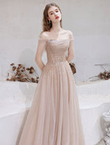 Stunning Evening Dress Nude Color A Line Bateau Neck Floor Length Sequins Formal Party Dresses Pageant Dress-Ballbella