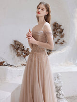 Stunning Evening Dress Nude Color A Line Bateau Neck Floor Length Sequins Formal Party Dresses Pageant Dress-Ballbella