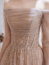 Stunning Evening Dress Nude Color A Line Bateau Neck Floor Length Sequins Formal Party Dresses Pageant Dress-Ballbella