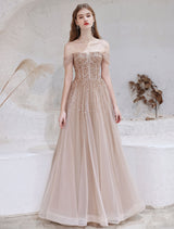 Stunning Evening Dress Nude Color A Line Bateau Neck Floor Length Short Sleeves Lace Up Sequins Formal Dinner Dresses Pageant Dress-Ballbella
