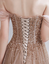Stunning Evening Dress Nude Color A Line Bateau Neck Floor Length Short Sleeves Lace Up Sequins Formal Dinner Dresses Pageant Dress-Ballbella