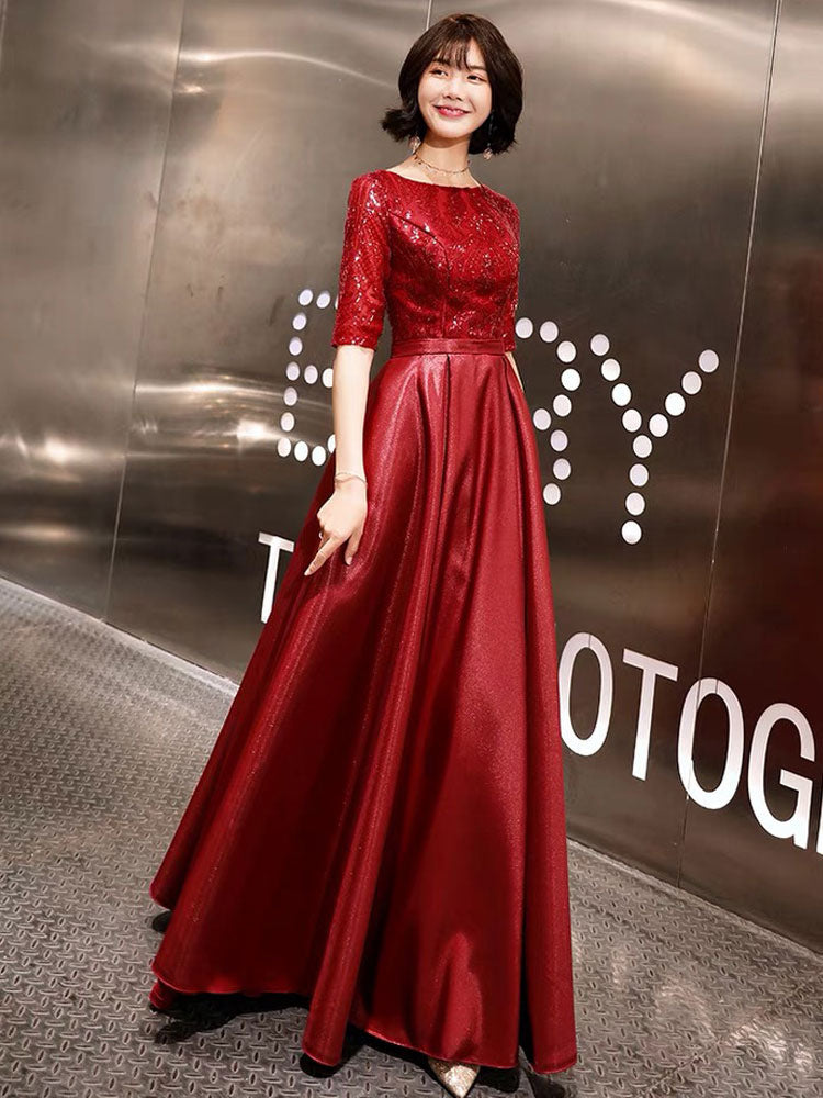 Stunning Evening Dresses Burgundy Half Sleeve Sequin Satin Floor Length Long Prom Gown Stunning Evening Dresses Burgundy Half Sleeve Sequin Satin Floor Length Long Prom Gown