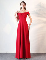 Stunning Evening Dresses Burgundy Off The Shoulder evening dress Satin Floor Length Formal Party Dress wedding guest dress-Ballbella