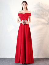 Stunning Evening Dresses Burgundy Off The Shoulder evening dress Satin Floor Length Formal Party Dress wedding guest dress-Ballbella