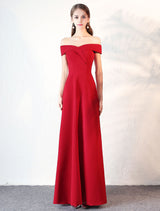 Stunning Evening Dresses Burgundy Off The Shoulder evening dress Satin Floor Length Formal Party Dress wedding guest dress-Ballbella