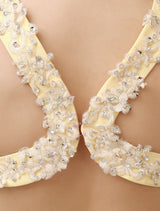 Stunning Evening Dresses Long Chiffon Daffodil Applique Beaded Evening Gown Back Design Sleeveless Formal Party Dresses With Train-Ballbella