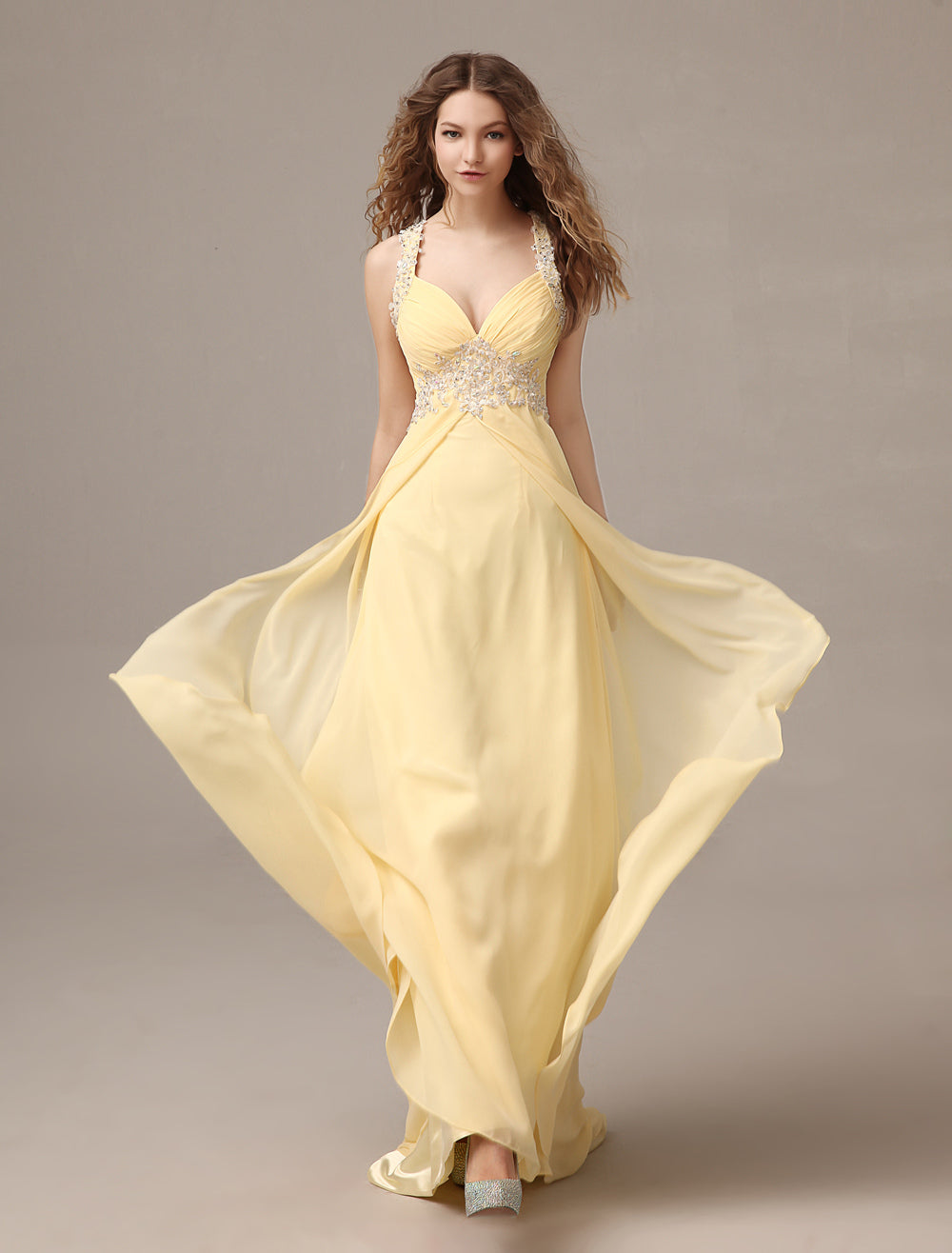 Stunning Evening Dresses Long Chiffon Daffodil Applique Beaded Evening Gown Back Design Sleeveless Formal Party Dresses with Train Stunning Evening Dresses Long Chiffon Daffodil Applique Beaded Evening Gown Back Design Sleeveless Formal Party Dresses with Train