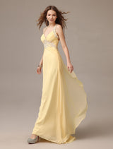 Stunning Evening Dresses Long Chiffon Daffodil Applique Beaded Evening Gown Back Design Sleeveless Formal Party Dresses With Train-Ballbella