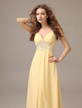 Stunning Evening Dresses Long Chiffon Daffodil Applique Beaded Evening Gown Back Design Sleeveless Formal Party Dresses With Train-Ballbella