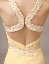 Stunning Evening Dresses Long Chiffon Daffodil Applique Beaded Evening Gown Back Design Sleeveless Formal Party Dresses With Train-Ballbella