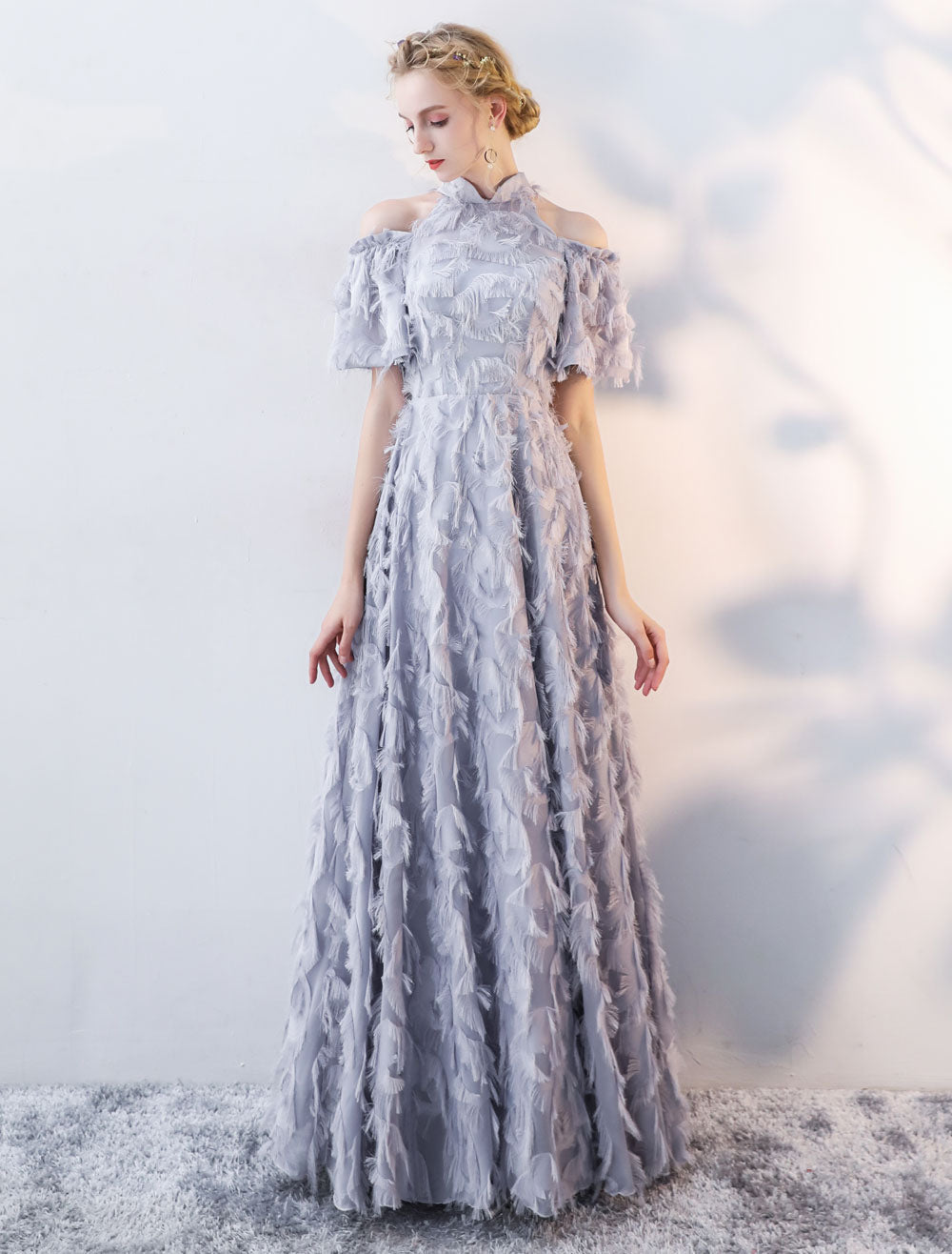 Stunning Evening Dresses Long Light Grey Cold Shoulder Evening Dress Lace Stand Collar Floor Length Formal Dress Stunning Evening Dresses Long Light Grey Cold Shoulder Evening Dress Lace Stand Collar Floor Length Formal Dress