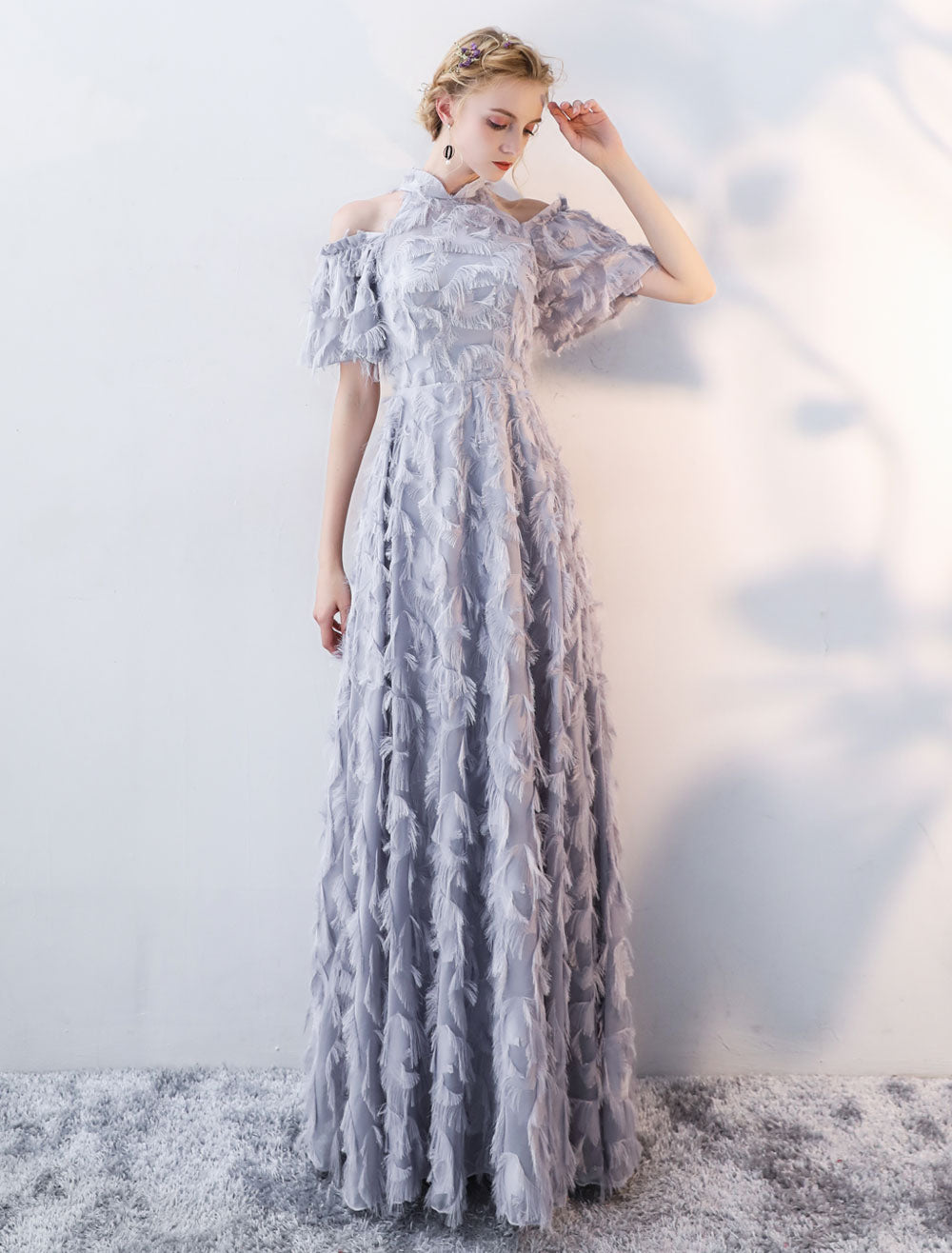 Stunning Evening Dresses Long Light Grey Cold Shoulder Evening Dress Lace Stand Collar Floor Length Formal Dress Stunning Evening Dresses Long Light Grey Cold Shoulder Evening Dress Lace Stand Collar Floor Length Formal Dress