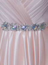 Stunning Evening Dresses Long Soft Pink Satin Evening Dress Halter Beading Pleated Floor Length Formal Party Dress-Ballbella