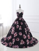 Stunning Floral Pageant Dress Black Sweatheart Strapless Long evening dress Boned Printed Chapel Train Occasion Dress-Ballbella