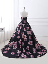 Stunning Floral Pageant Dress Black Sweatheart Strapless Long evening dress Boned Printed Chapel Train Occasion Dress-Ballbella