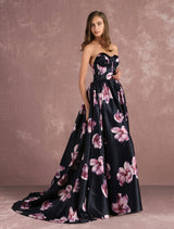 Stunning Floral Pageant Dress Black Sweatheart Strapless Long evening dress Boned Printed Chapel Train Occasion Dress-Ballbella