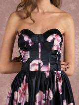 Stunning Floral Pageant Dress Black Sweatheart Strapless Long evening dress Boned Printed Chapel Train Occasion Dress-Ballbella