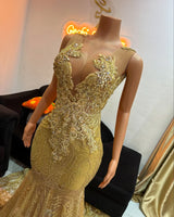 Stunning Gold Sleeveless Mermaid Prom Dress Long With Beadings-Ballbella