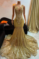 Stunning Gold Sleeveless Mermaid Prom Dress Long With Beadings-Ballbella