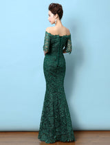 Stunning Lace Evening Dress Off The Shoulder Mermaid Party Dress Dark Green Half Sleeve Maxi Occasion Dress wedding guest dress-Ballbella