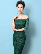 Stunning Lace Evening Dress Off The Shoulder Mermaid Party Dress Dark Green Half Sleeve Maxi Occasion Dress wedding guest dress-Ballbella