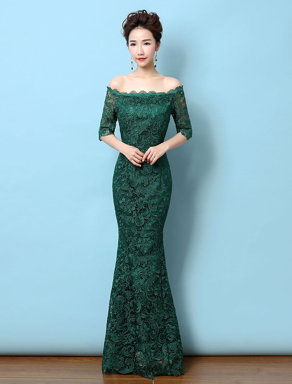 Stunning Lace Evening Dress Off The Shoulder Mermaid Party Dress Dark Green Half Sleeve Maxi Occasion Dress wedding guest Dress Stunning Lace Evening Dress Off The Shoulder Mermaid Party Dress Dark Green Half Sleeve Maxi Occasion Dress wedding guest Dress