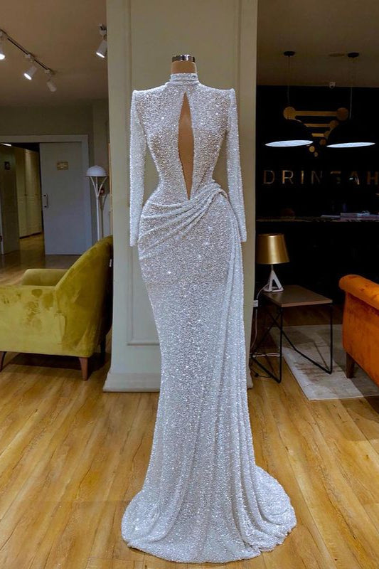 Stunning Long Sleeve High Neck Sequins Prom Dress Mermaid Long-Ballbella