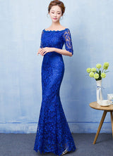 Stunning Mermaid Evening Dress Royal Blue Lace evening dress Off The Shoulder Half Sleeve fishtail Maxi Party Dress wedding guest dress-Ballbella