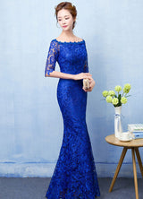 Stunning Mermaid Evening Dress Royal Blue Lace evening dress Off The Shoulder Half Sleeve fishtail Maxi Party Dress wedding guest dress-Ballbella