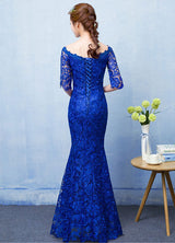 Stunning Mermaid Evening Dress Royal Blue Lace evening dress Off The Shoulder Half Sleeve fishtail Maxi Party Dress wedding guest dress-Ballbella