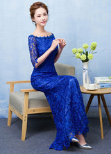 Stunning Mermaid Evening Dress Royal Blue Lace evening dress Off The Shoulder Half Sleeve fishtail Maxi Party Dress wedding guest dress-Ballbella