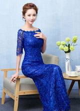 Stunning Mermaid Evening Dress Royal Blue Lace evening dress Off The Shoulder Half Sleeve fishtail Maxi Party Dress wedding guest dress-Ballbella