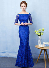 Stunning Mermaid Evening Dress Royal Blue Lace evening dress Off The Shoulder Half Sleeve fishtail Maxi Party Dress wedding guest dress-Ballbella