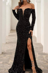Stunning Off The Shoulder Black Prom Dress Sequined Front-Split Evening Gowns With Long Sleeves-Ballbella