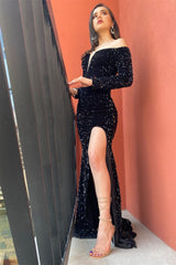 Stunning Off The Shoulder Black Prom Dress Sequined Front-Split Evening Gowns With Long Sleeves-Ballbella