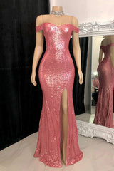 Stunning Off-the-Shoulder Mermaid Prom Dress Sequins Long Slit Online-Ballbella