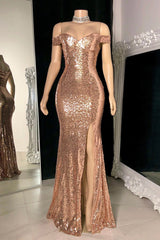 Stunning Off-the-Shoulder Mermaid Prom Dress Sequins Long Slit Online-Ballbella