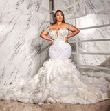 Stunning Off-the-Shoulder Mermaid Wedding Dress Lace Appliques With Ruffle-Ballbella