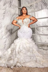Stunning Off-the-Shoulder Mermaid Wedding Dress Lace Appliques With Ruffle-Ballbella